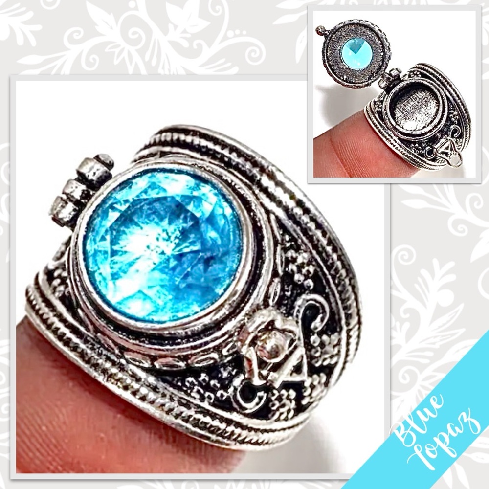 Blue Topaz Eclectic Silver Artisan Poison Ring, Size 7 (Turquoise Blue)
